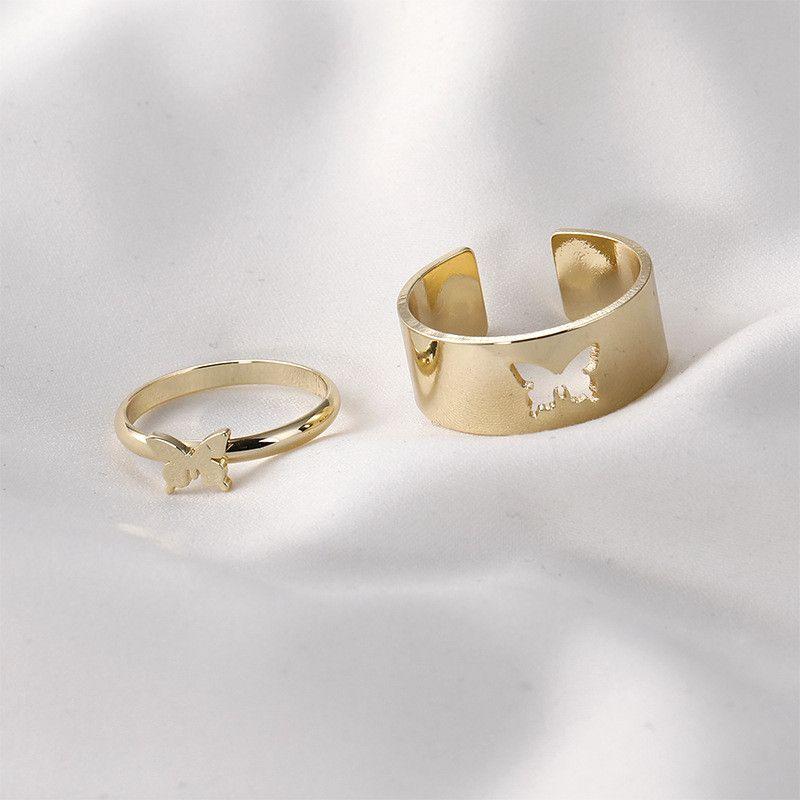 Combo of 2 Gold and Silver Plated Butterfly and Heart Couple Rings