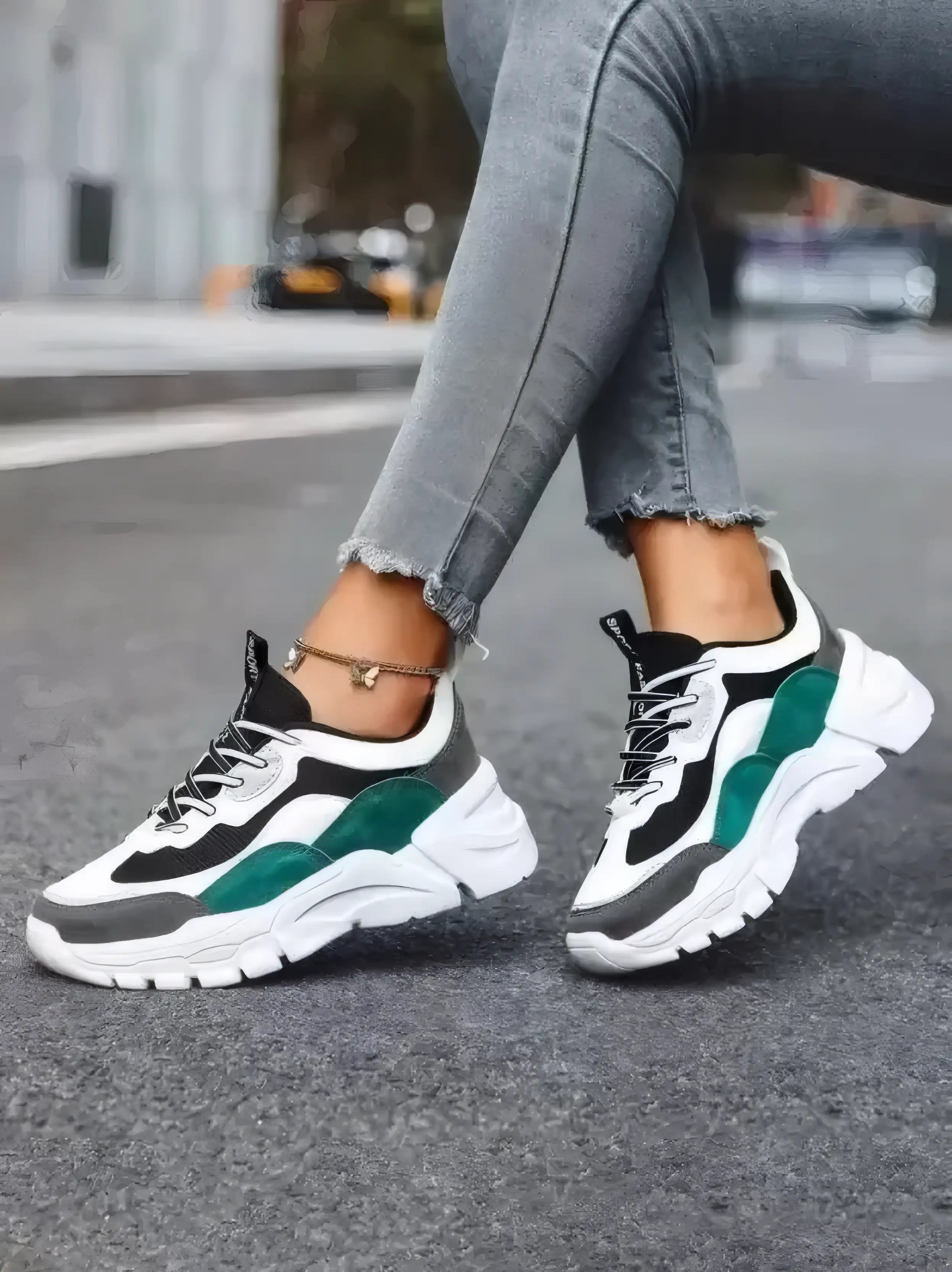 Women's White-Green Sneakers