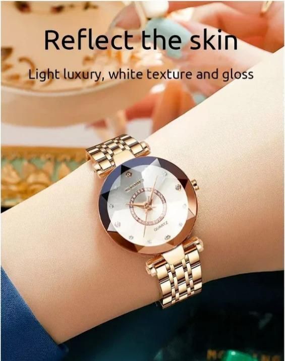 Diamond Shape Multicolour Dial and Rose Gold Strap Watch for Her